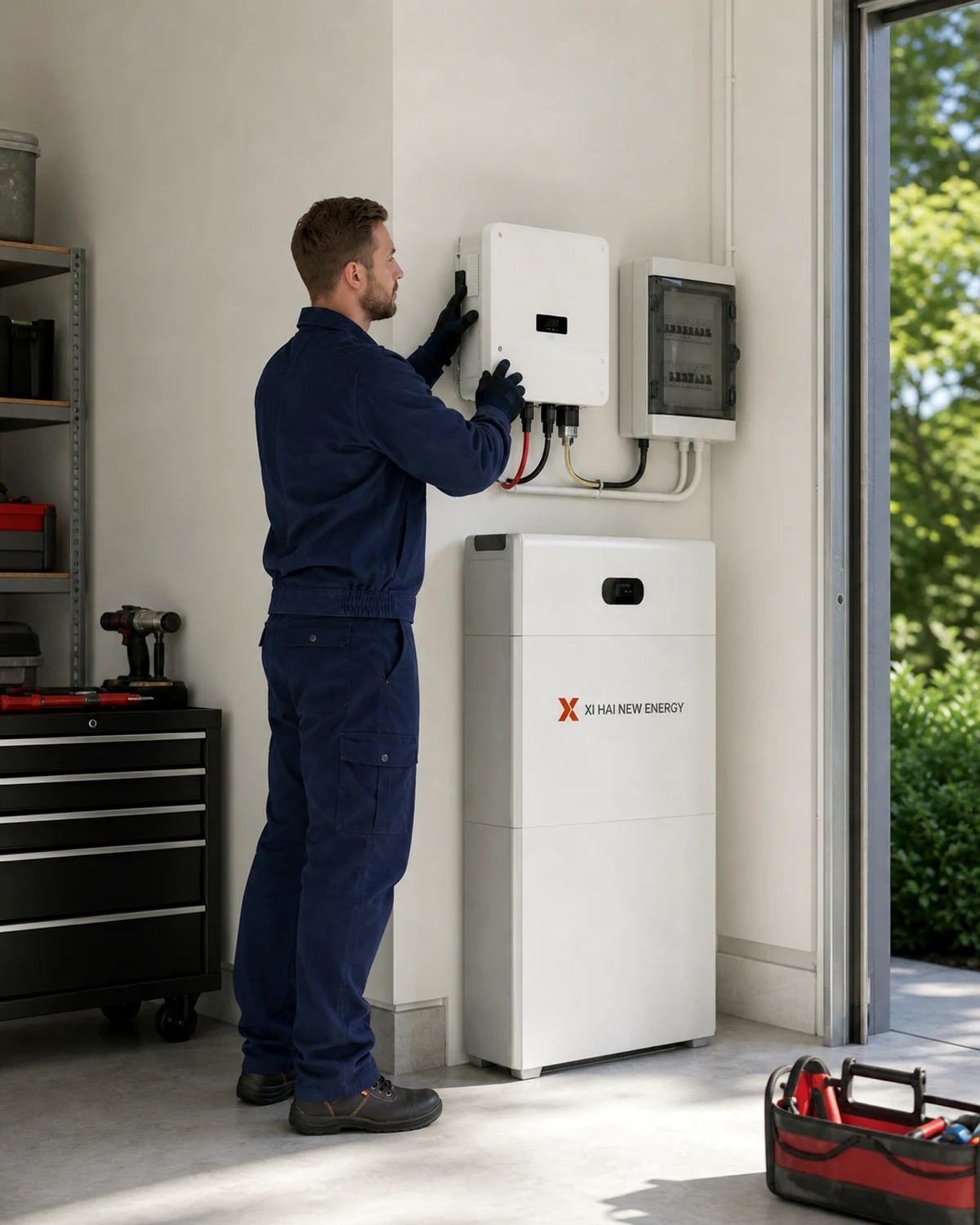 Technician installing inverter and home energy storage equipment