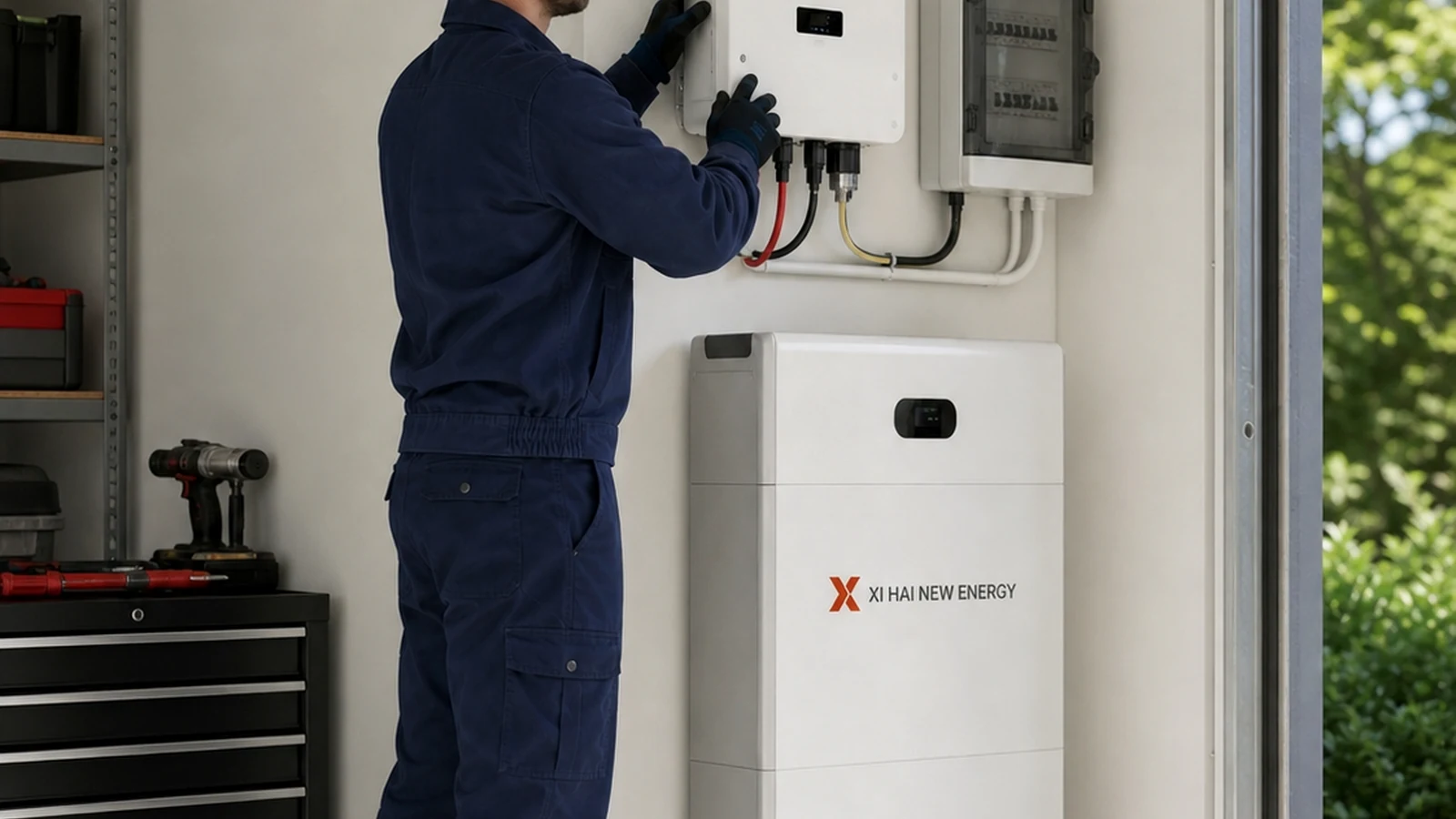 Technician installing inverter and home energy storage system